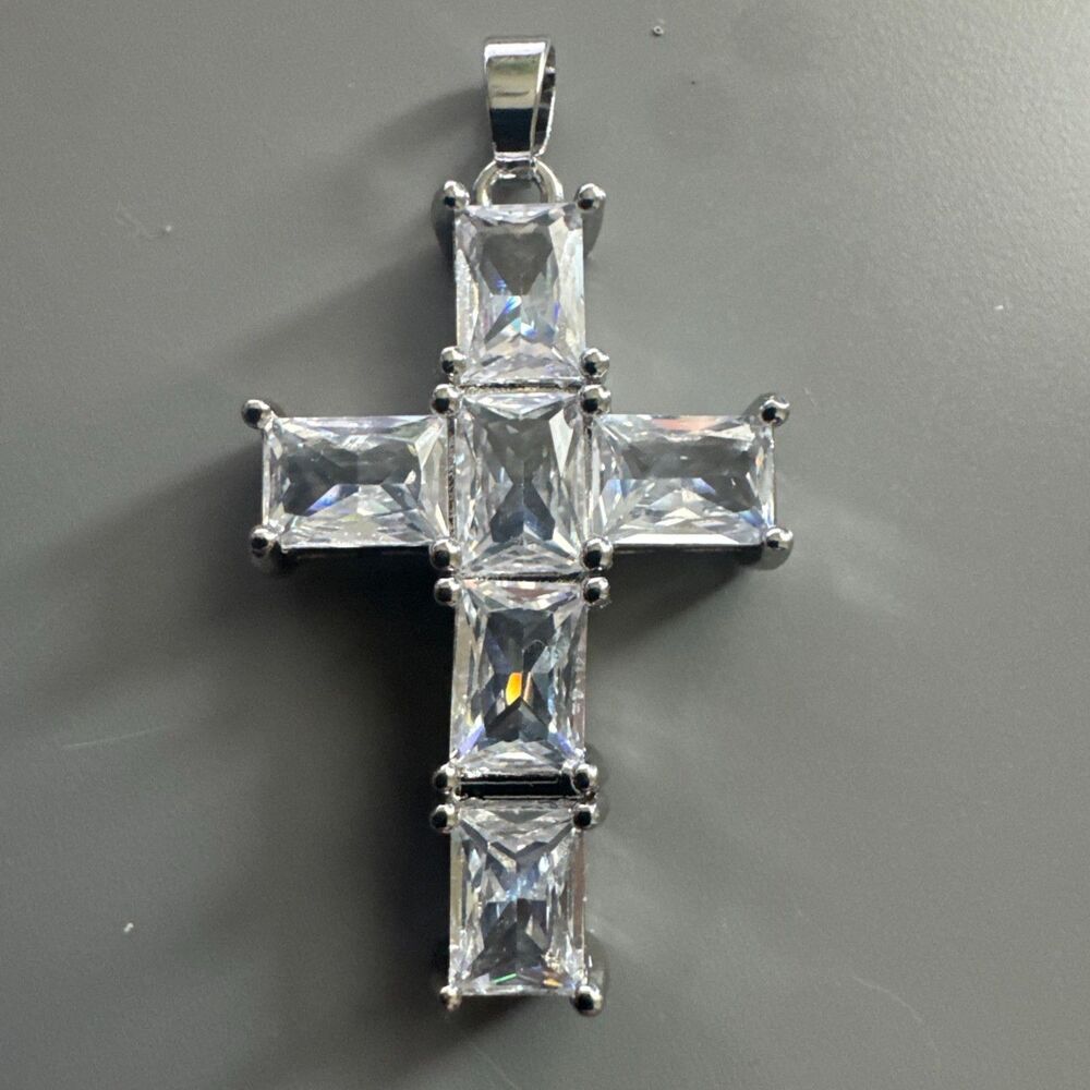 Silver Plated Cubic Zirconia Cross Pendant Stainless Steel Gift Her Jesus Faith